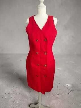 SAKE Vintage Red Gold Button Linen Dress Size 8